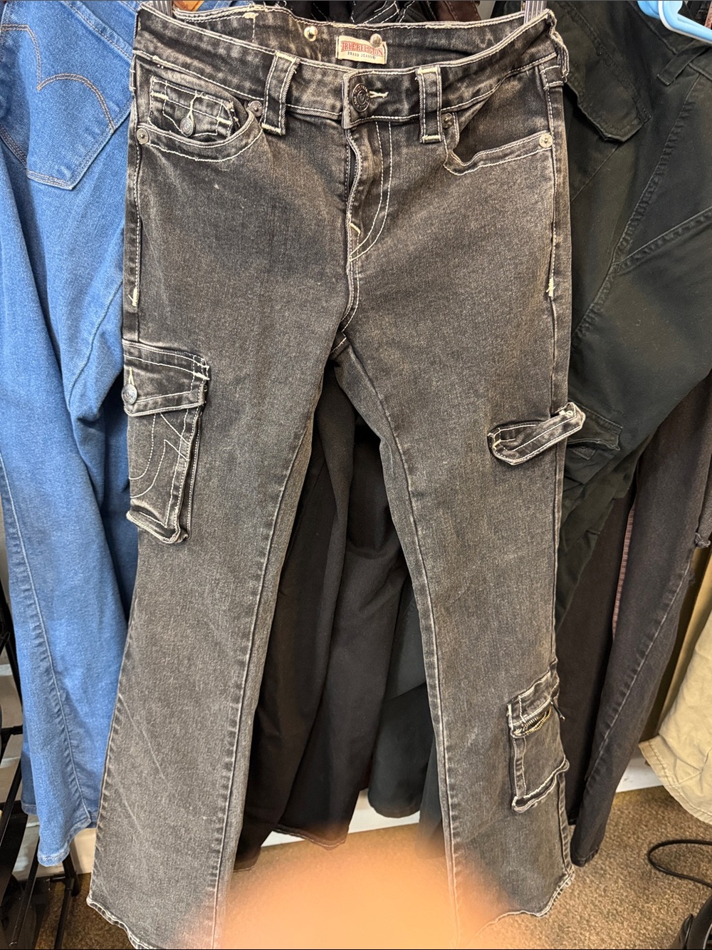 True Religion Black Wash Bootcut Jeans with White Stitching